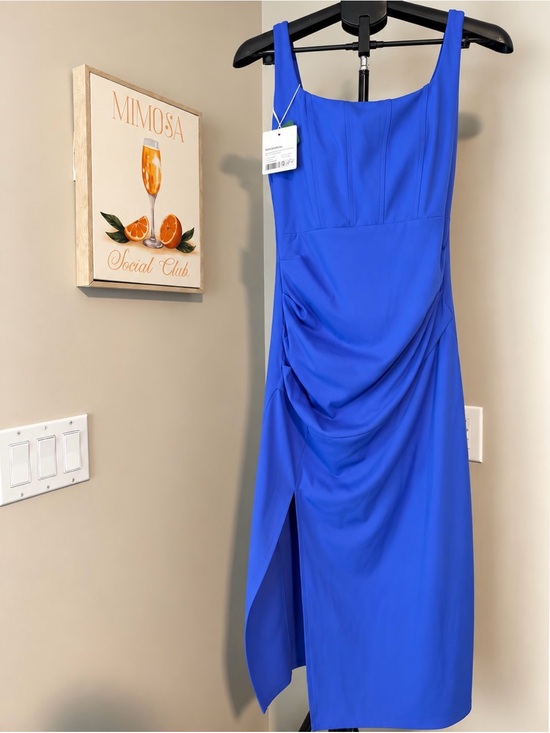 HALARA Dresses & Skirts - NWT Halara SoftlyZero Airy Blue Ruched Midi Dress Side Slit Size M